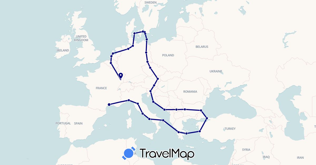 TravelMap itinerary: driving in Austria, Belgium, Bulgaria, Czech Republic, Germany, Denmark, France, Greece, Croatia, Italy, Netherlands, Sweden, Slovenia, Turkey (Asia, Europe)