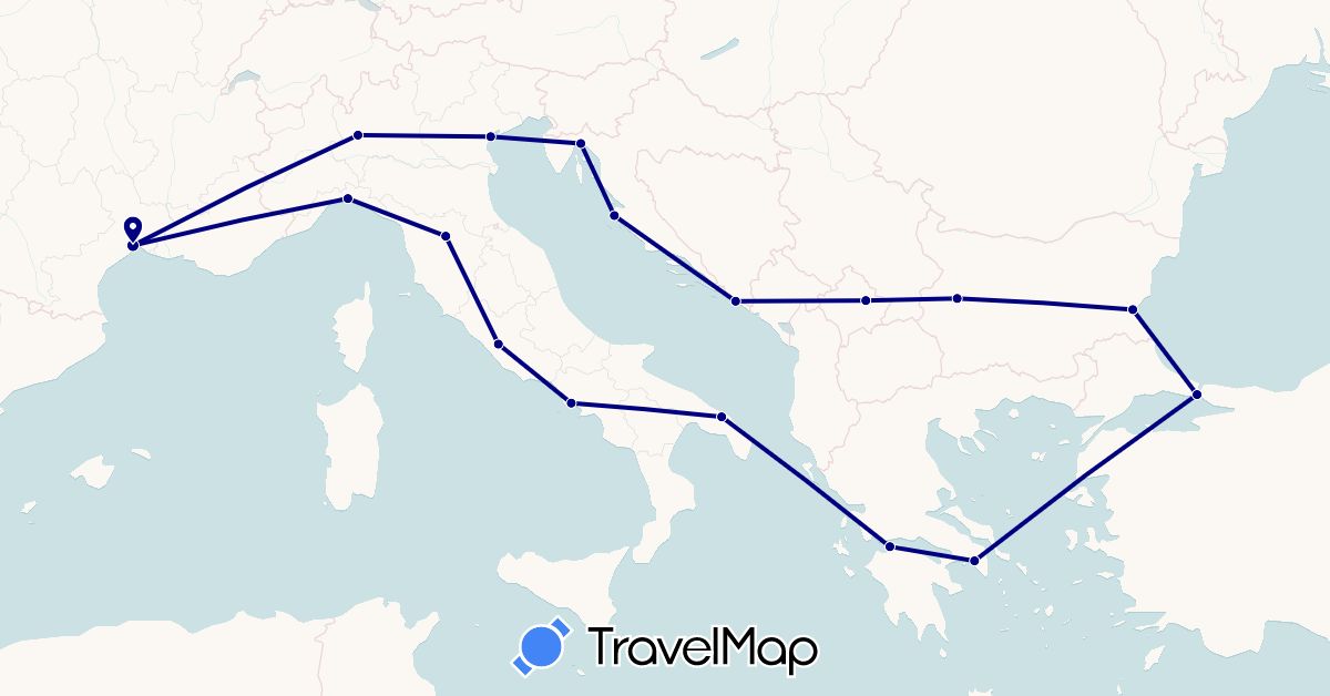 TravelMap itinerary: driving in Bulgaria, France, Greece, Croatia, Italy, Turkey (Asia, Europe)